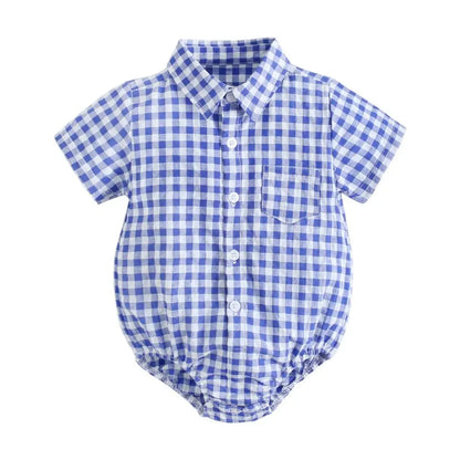 Baby Boys Bodysuit - Soft Cotton Fabric Summer Baby Bodysuit with Plaid Pattern
