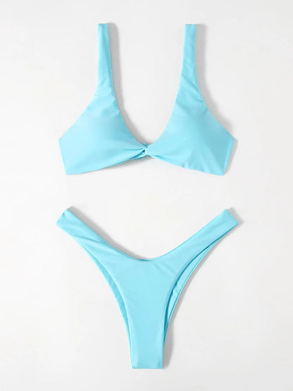 Solid Tie Bikini Set - Padded Push-Up High Leg Brazilian Swimsuit for Women - ZOOMNSTORE