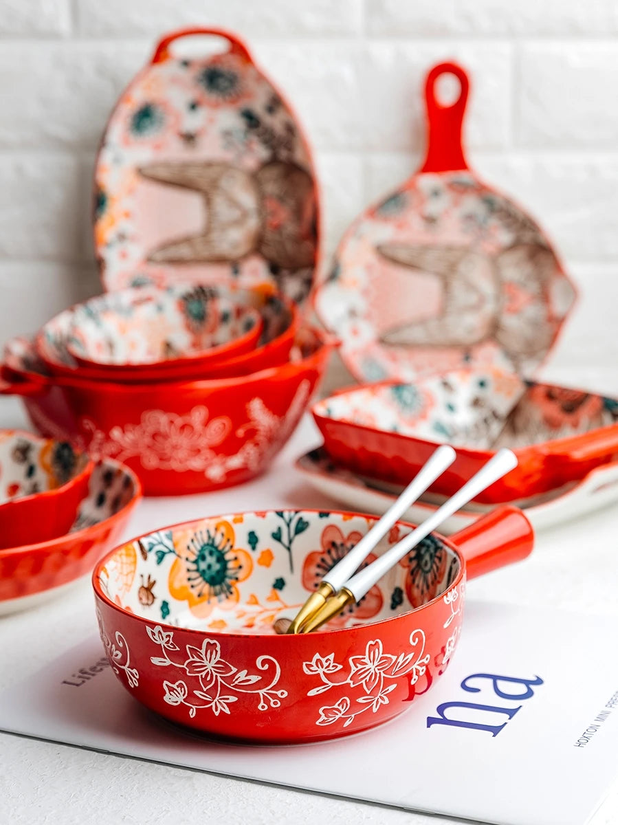 Hand-Painted Rabbit Bowl and Plate Set - Cute Ceramic Soup and Salad Dish