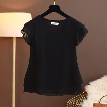 2026 New Summer Women Blouse Loose V-Neck Chiffon Shirt Female Short Sleeve Blouse Oversized Shirts womens tops and blouses Top