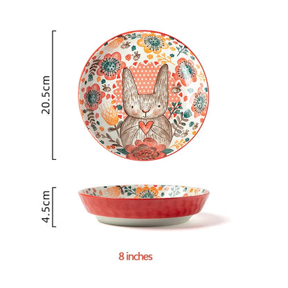 Hand-Painted Rabbit Bowl and Plate Set - Cute Ceramic Soup and Salad Dish