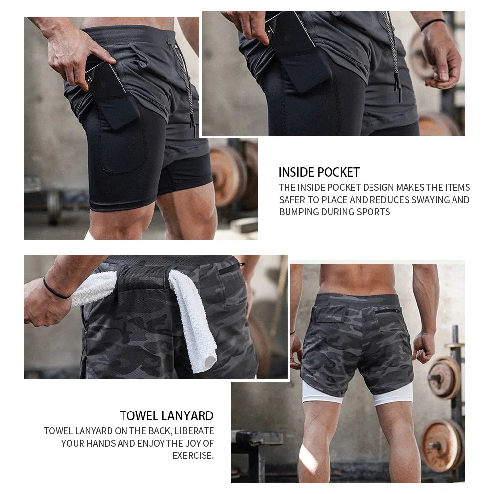 Men Running Shorts - 2 in 1 Quick Dry Sports Jogging Shorts with Hidden Phone Pocket