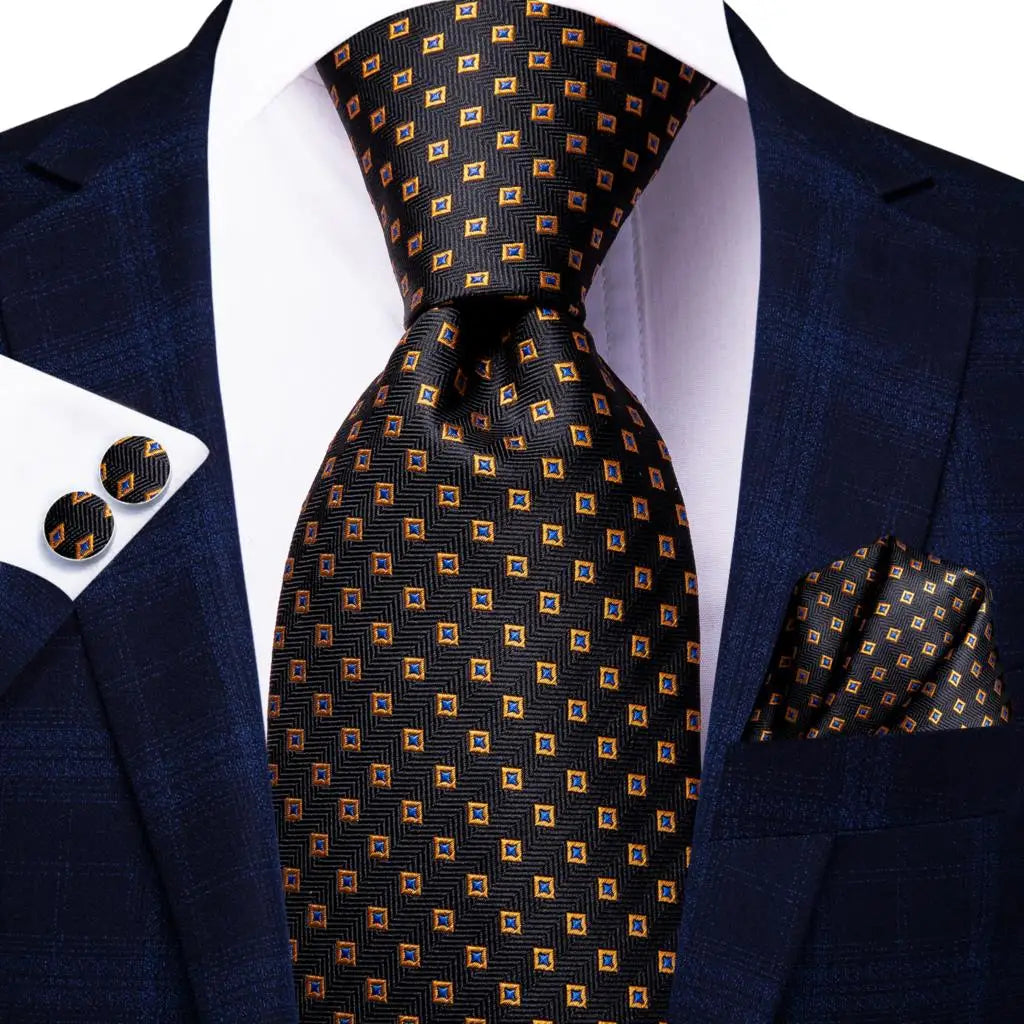Black Floral Silk Wedding Tie Set - Elegant Necktie with Handkerchief  Cufflinks for Men