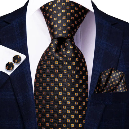 Black Floral Silk Wedding Tie Set - Elegant Necktie with Handkerchief  Cufflinks for Men