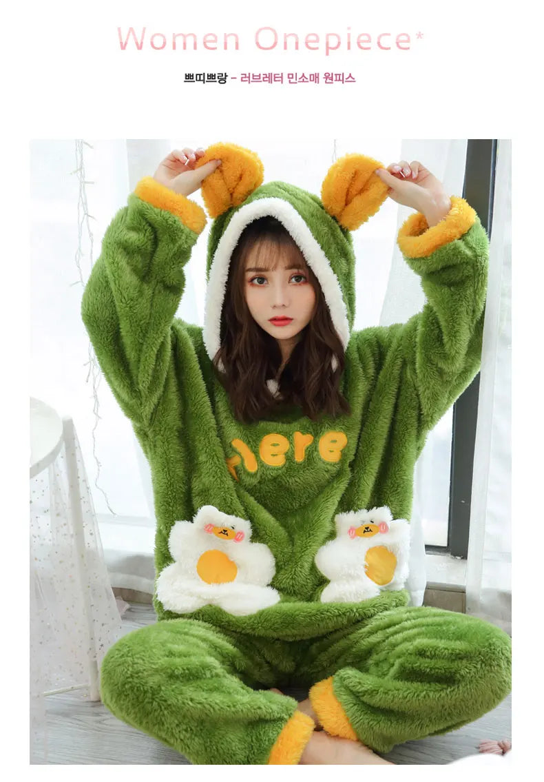Jielur Warm Women Pajama Sets Winter Lady Long Sleeve Shirt+Pants Home suit Hooded Cartoon Print Thick Pijama Feminino