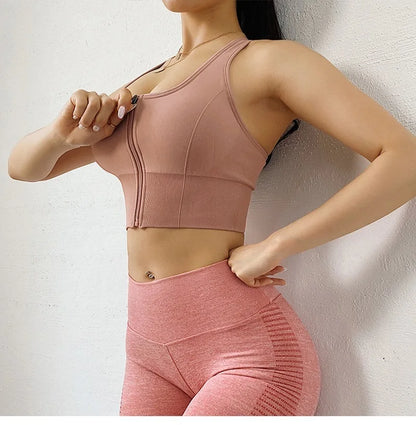 Front Zipper Sports Bra - Women's Athletic Crop Top, Push Up Wireless Fitness Tank