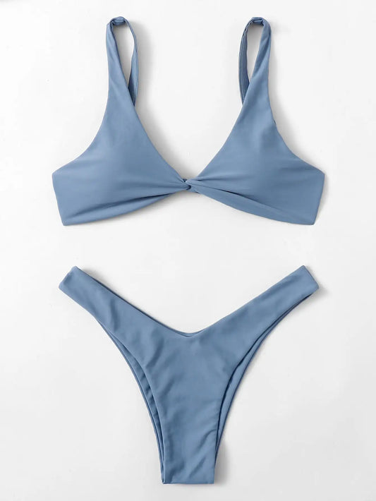 Solid Tie Bikini Set - Padded Push-Up High Leg Brazilian Swimsuit for Women - ZOOMNSTORE
