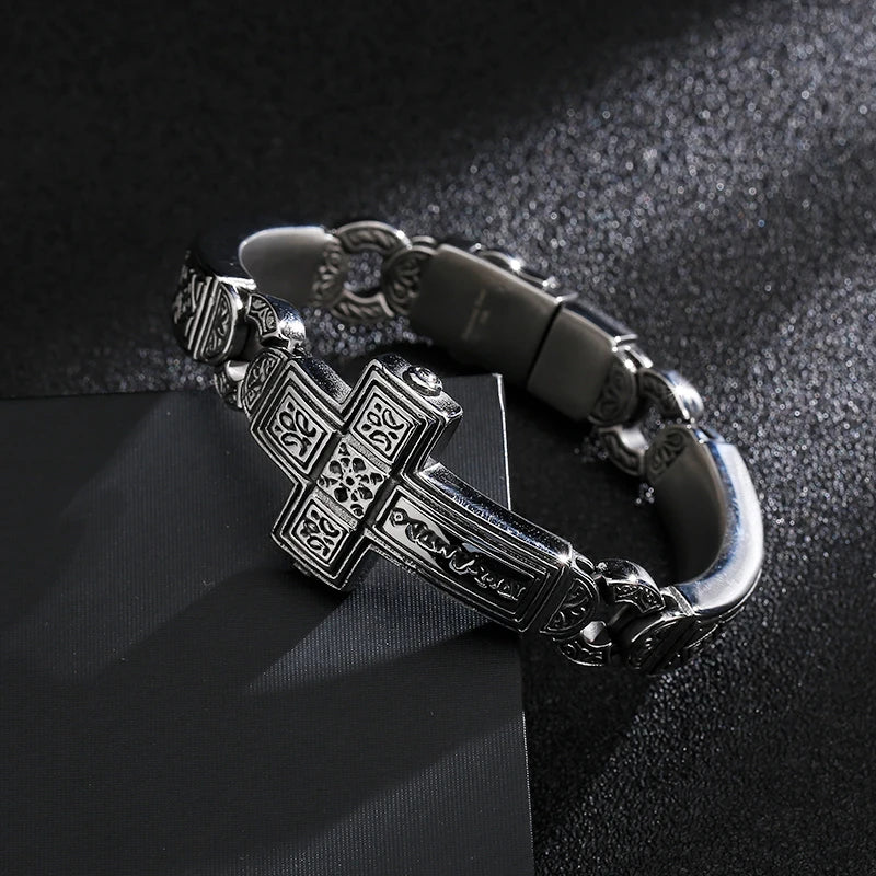 Fongten Cross Charms Bangle For Men Stainless Steel Heavy Mens Bangle Bracelets Male Retro Rune Silver Color Jewelry Armband