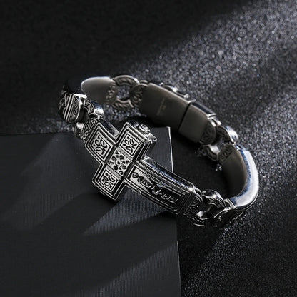 Fongten Cross Charms Bangle For Men Stainless Steel Heavy Mens Bangle Bracelets Male Retro Rune Silver Color Jewelry Armband