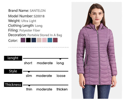 SANTELON Women Long Warm Parka For Women Ultralight Padded Puffer Jacket Coat With Detachable Hood Lightweight Outwear Clothing