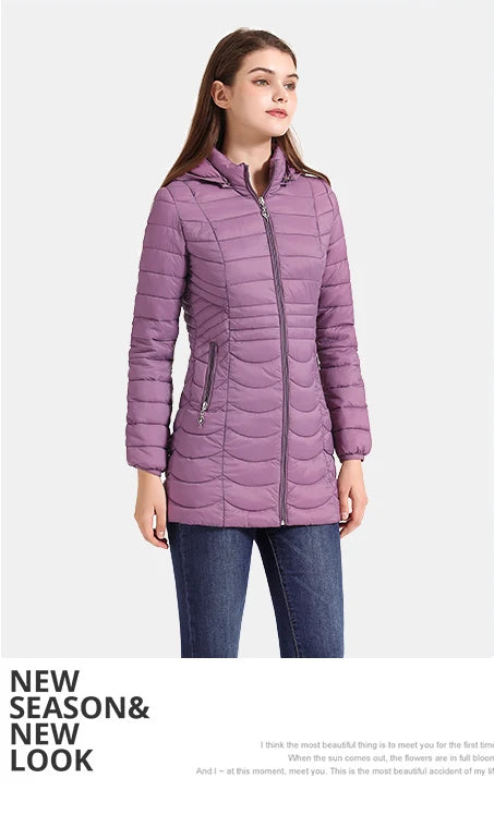 SANTELON Women Long Warm Parka For Women Ultralight Padded Puffer Jacket Coat With Detachable Hood Lightweight Outwear Clothing