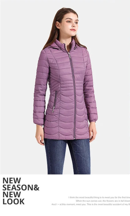 SANTELON Women Long Warm Parka For Women Ultralight Padded Puffer Jacket Coat With Detachable Hood Lightweight Outwear Clothing