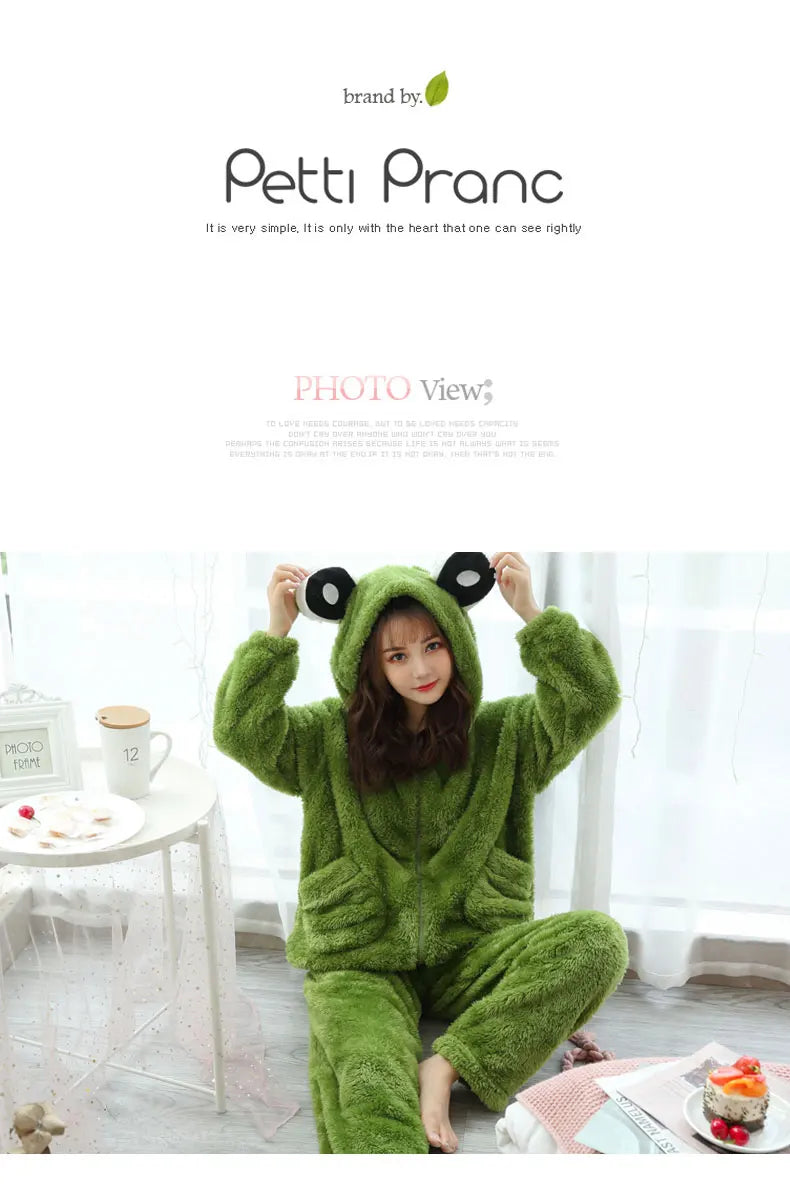 Jielur Warm Women Pajama Sets Winter Lady Long Sleeve Shirt+Pants Home suit Hooded Cartoon Print Thick Pijama Feminino