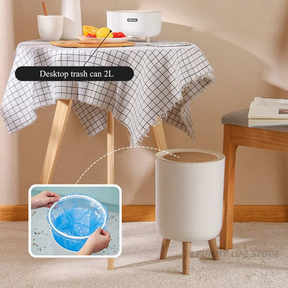 Wooden High Foot Trash Can - Creative Bathroom  Kitchen Wastebin with Press Cover