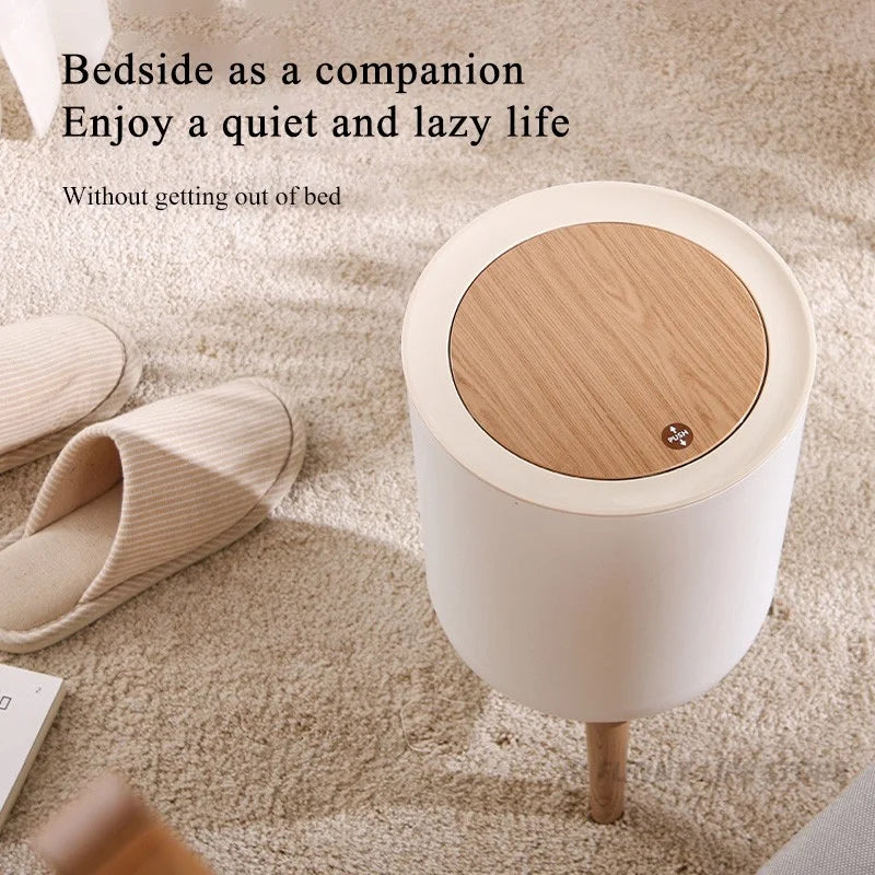 Wooden High Foot Trash Can - Creative Bathroom  Kitchen Wastebin with Press Cover