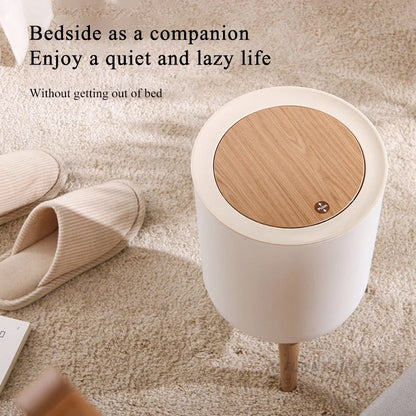 Wooden High Foot Trash Can - Creative Bathroom  Kitchen Wastebin with Press Cover