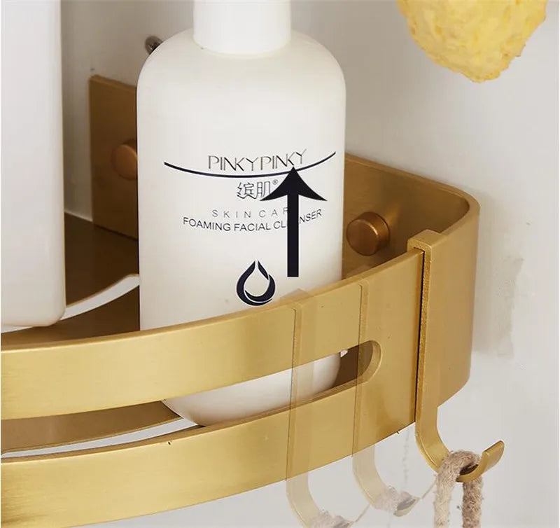 Wall-Mounted Corner Shelf - Brushed Gold Aluminum Bathroom Shampoo Holder