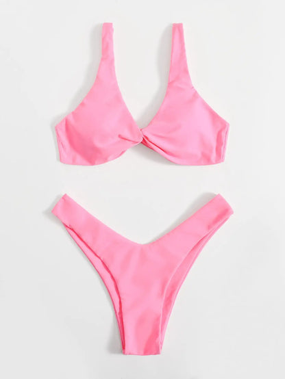 Solid Tie Bikini Set - Padded Push-Up High Leg Brazilian Swimsuit for Women - ZOOMNSTORE