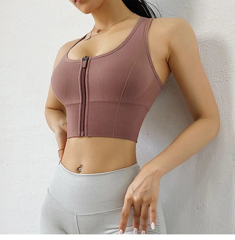 Front Zipper Sports Bra - Women's Athletic Crop Top, Push Up Wireless Fitness Tank