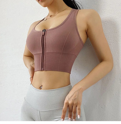 Front Zipper Sports Bra - Women's Athletic Crop Top, Push Up Wireless Fitness Tank