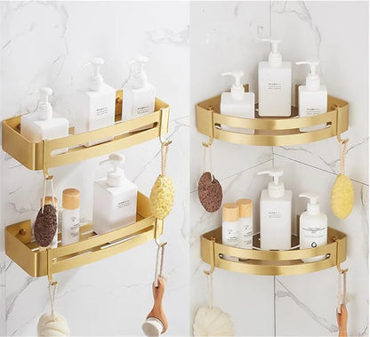 Wall-Mounted Corner Shelf - Brushed Gold Aluminum Bathroom Shampoo Holder