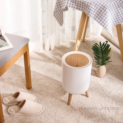 Wooden High Foot Trash Can - Creative Bathroom  Kitchen Wastebin with Press Cover
