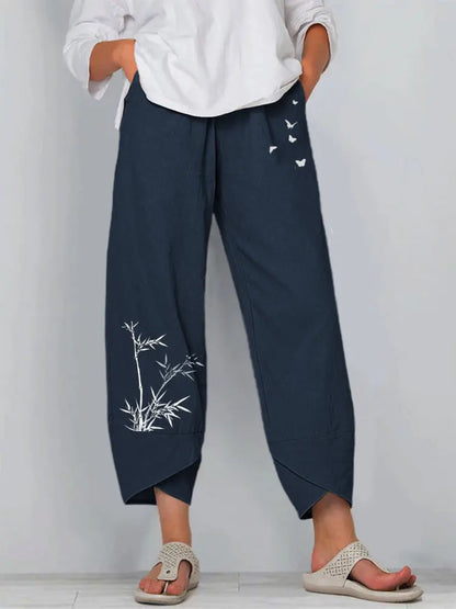 Vintage Print Women Pants Fashion Irregular Casual High Waist Elastic Waist Straight Loose Trousers Summer Lady Cargo Pantalon