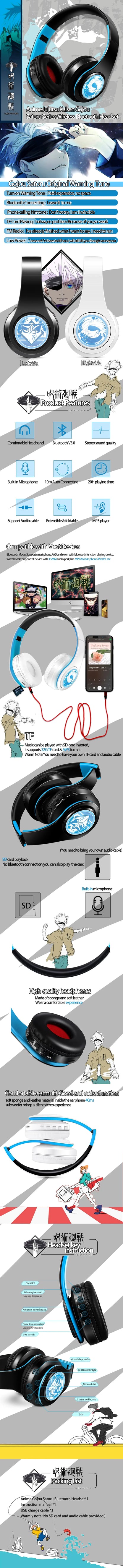 Cosplay Anime Jujutsu Kaisen Gojou Satoru Hint Tone Wireless Bluetooth Headset Head Mounted Plug In Card Mobile Phone Headphones