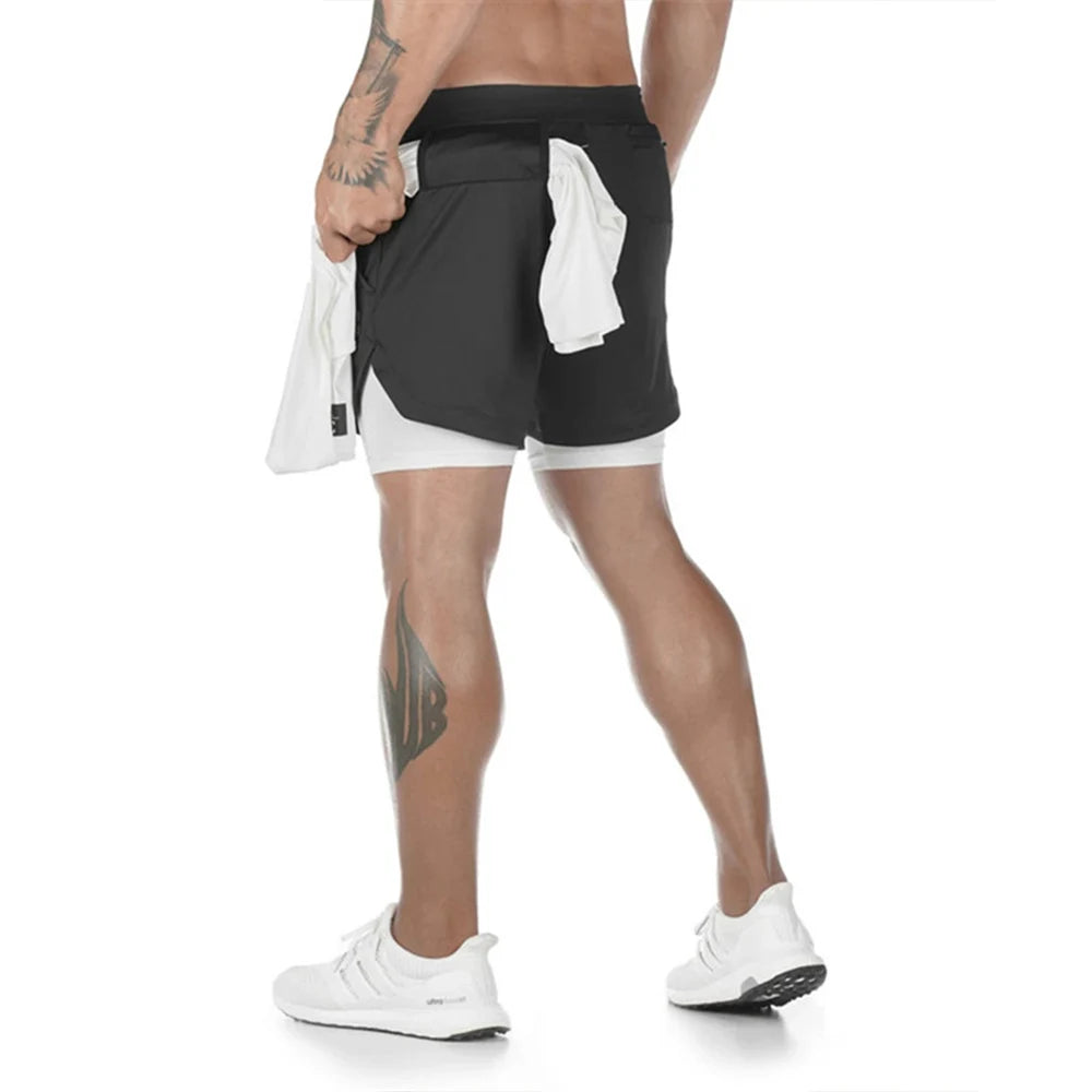 Men Running Shorts - 2 in 1 Quick Dry Sports Jogging Shorts with Hidden Phone Pocket