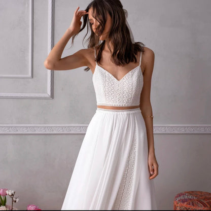 Boho Wedding Dress Custom A-Line Bridal Gown - Spaghetti Strap, Backless, Sleeveless