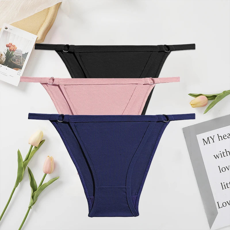 FINETOO 3PC/Set Women's Cotton Panties Underwear Metal Buckle Briefs M-2XL Female Underpant Low Waist Woman Sexy Panty Lingerie