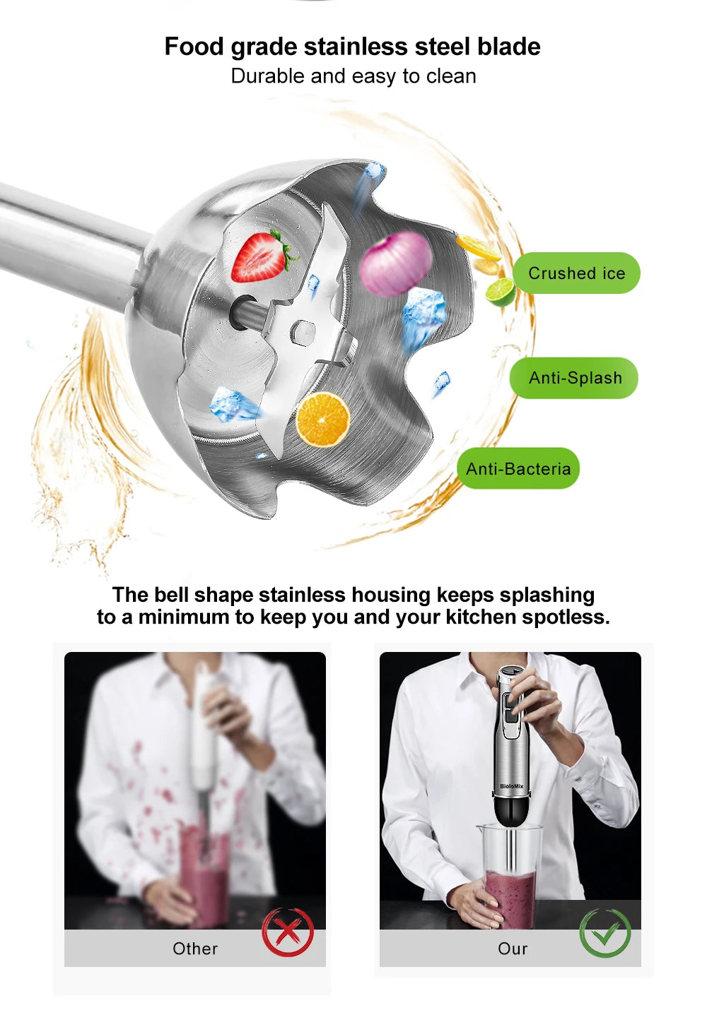High Power 1200W Immersion Blender with Chopper  Smoothie Cup - Stainless Steel Blades
