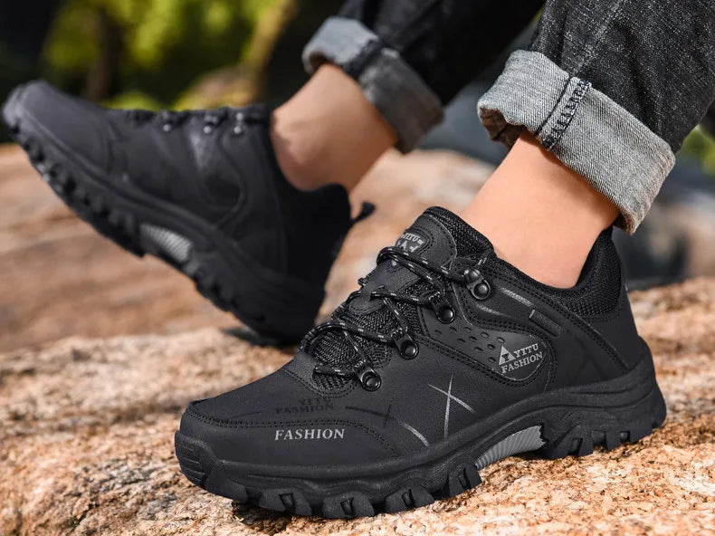Men Winter Snow Boots - Waterproof Leather Hiking Shoes With Rubber Sole