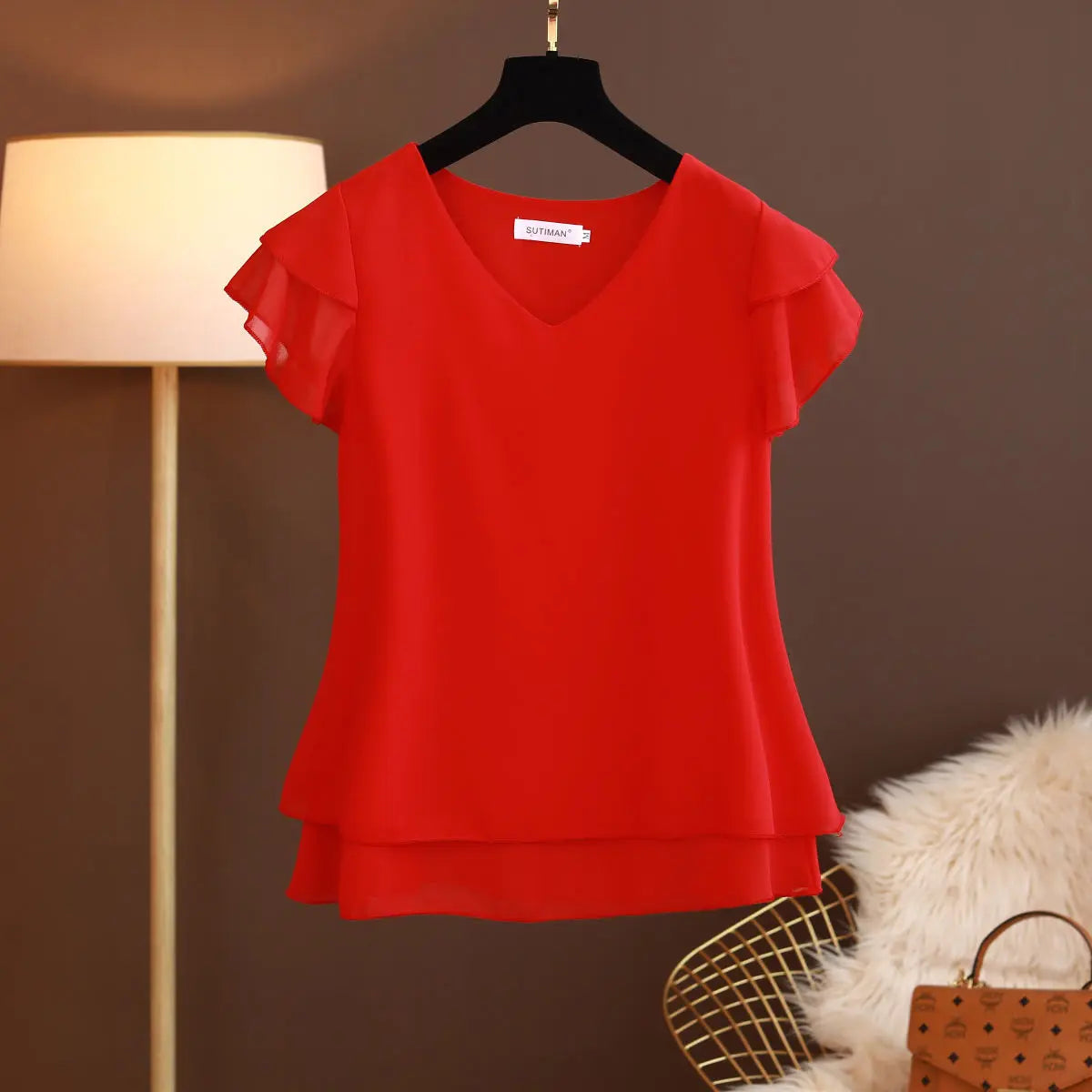 2026 New Summer Women Blouse Loose V-Neck Chiffon Shirt Female Short Sleeve Blouse Oversized Shirts womens tops and blouses Top