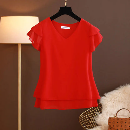 2026 New Summer Women Blouse Loose V-Neck Chiffon Shirt Female Short Sleeve Blouse Oversized Shirts womens tops and blouses Top