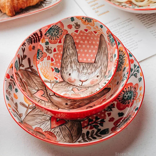 Hand-Painted Rabbit Bowl and Plate Set - Cute Ceramic Soup and Salad Dish