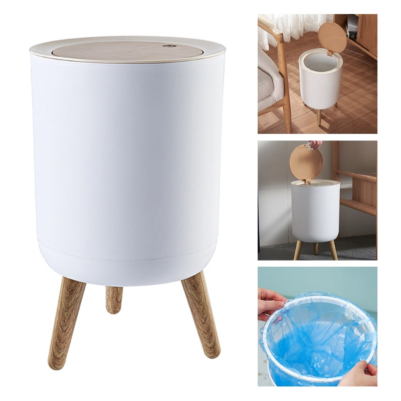 Wooden High Foot Trash Can - Creative Bathroom  Kitchen Wastebin with Press Cover