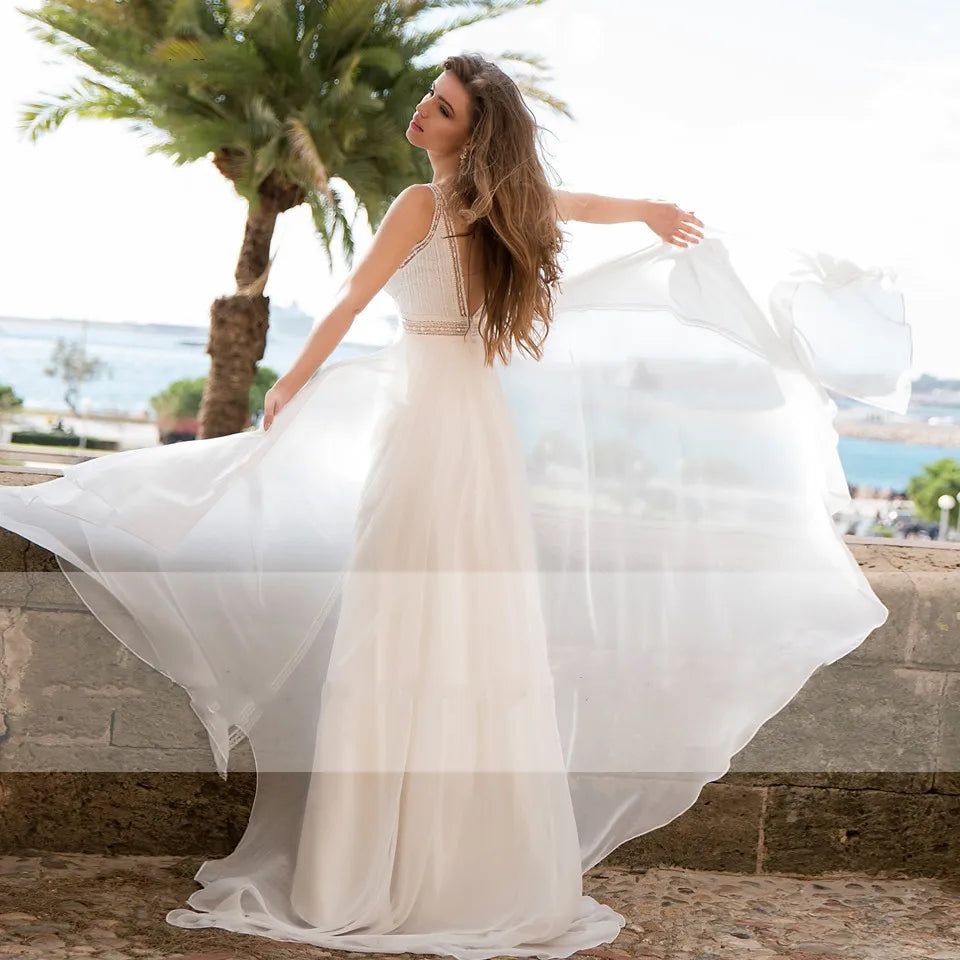 Boho Wedding Dress Custom A-Line Bridal Gown - Spaghetti Strap, Backless, Sleeveless