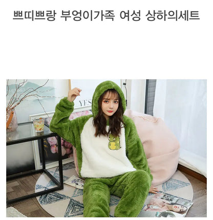 Jielur Warm Women Pajama Sets Winter Lady Long Sleeve Shirt+Pants Home suit Hooded Cartoon Print Thick Pijama Feminino