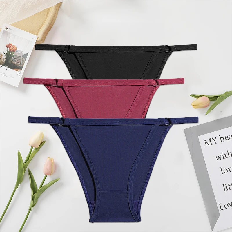 FINETOO 3PC/Set Women's Cotton Panties Underwear Metal Buckle Briefs M-2XL Female Underpant Low Waist Woman Sexy Panty Lingerie