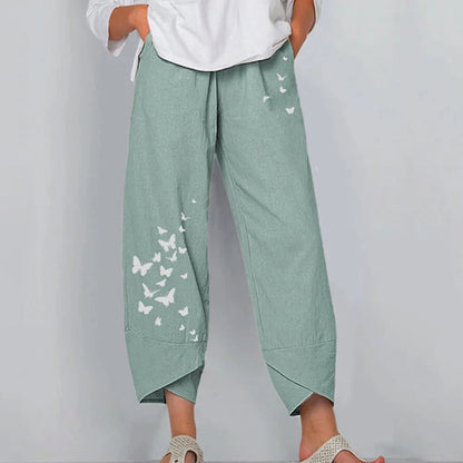 Vintage Print Women Pants Fashion Irregular Casual High Waist Elastic Waist Straight Loose Trousers Summer Lady Cargo Pantalon