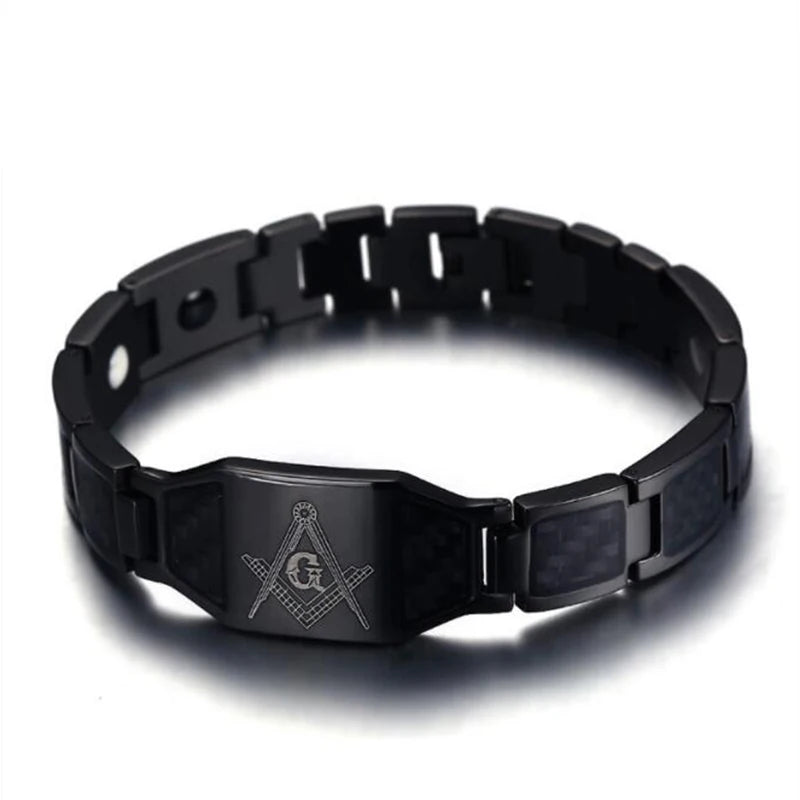 21.5cm Black Masonic Stainless Steel Bracelet with Magnets Carbon Fiber For Men Hip Hop Style Polished Bracelets Chain Jewelry