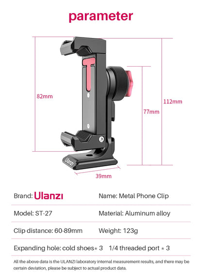 Ulanzi ST-27 Metal Vertical Shooting Phone Mount Holder Clip with Cold Shoe for Rode Wireless Go Microphone Video Light Vlog