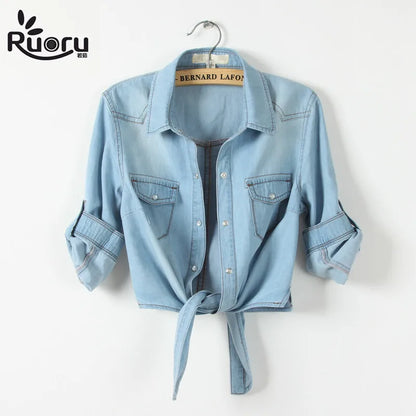 kimono Denim Shirt Short Sleeve Womens Tops Chemise Femme Crop Top Sexy Short Jeans Shirt Blouse Summer Cool Feminine Shirts