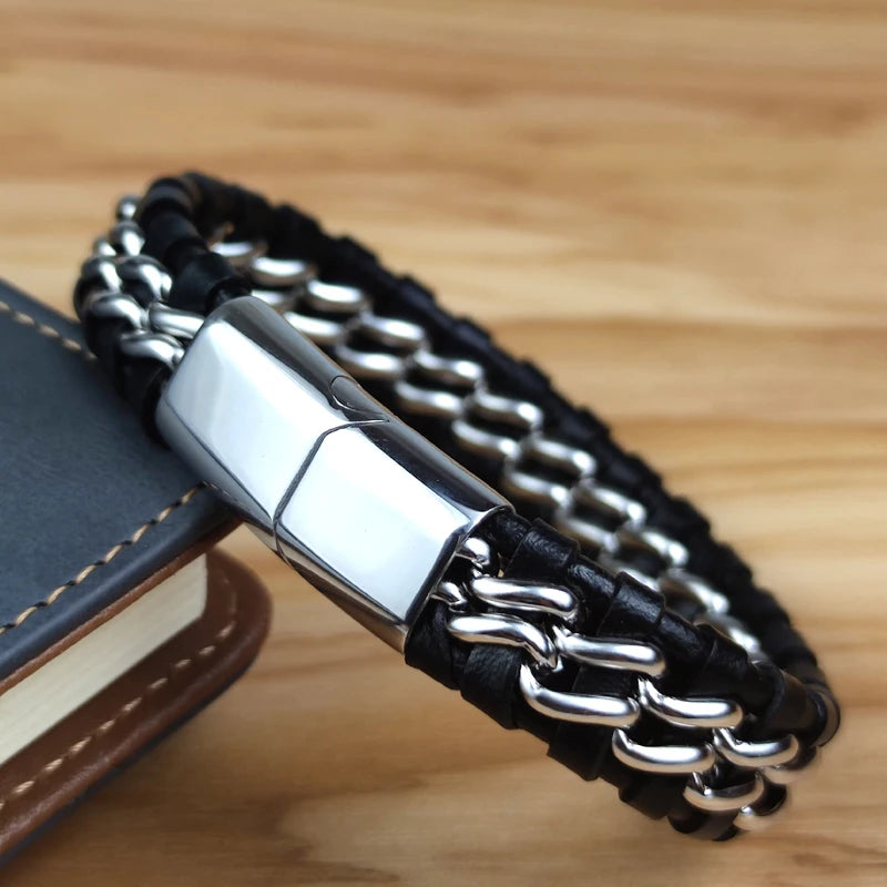 Genuine Leather Chain Bracelet for Men Magnetic Stainless Steel Clasp in Plated Gold Exclusive Jewellery Gift Wholesale Dropping