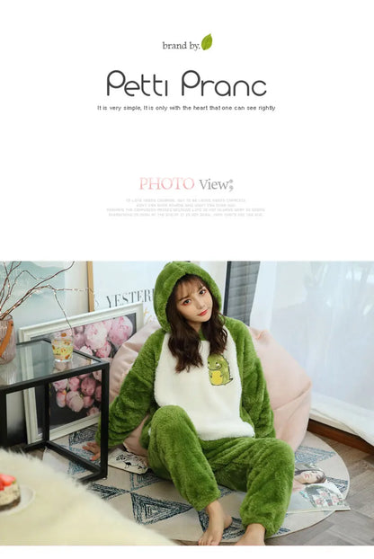 Jielur Warm Women Pajama Sets Winter Lady Long Sleeve Shirt+Pants Home suit Hooded Cartoon Print Thick Pijama Feminino