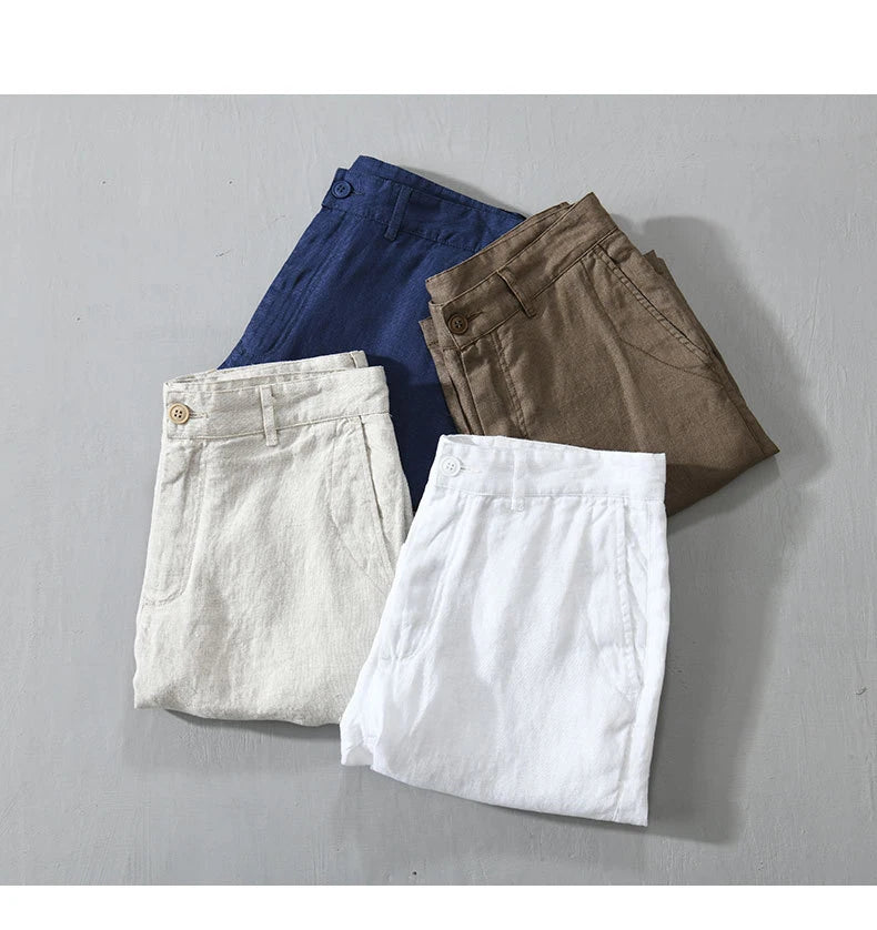 Linen Beach Shorts Mid Waist Men’s Summer Casual Business Straight Fit Pants