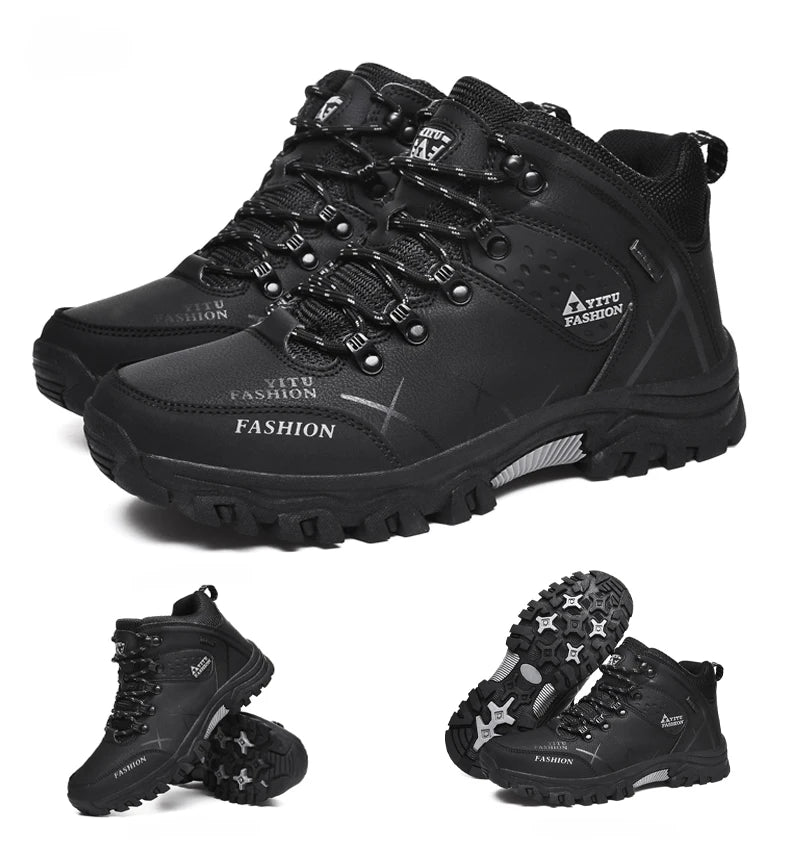 Men Winter Snow Boots - Waterproof Leather Hiking Shoes With Rubber Sole