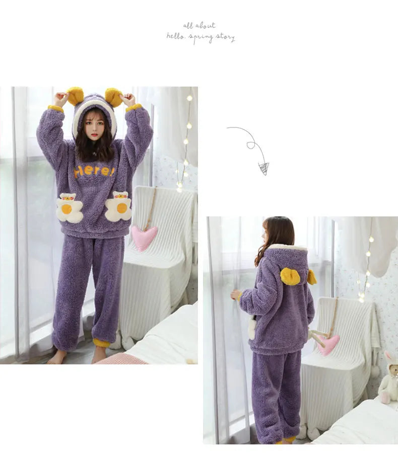 Jielur Warm Women Pajama Sets Winter Lady Long Sleeve Shirt+Pants Home suit Hooded Cartoon Print Thick Pijama Feminino