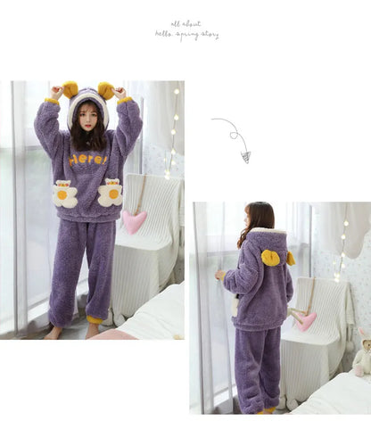 Jielur Warm Women Pajama Sets Winter Lady Long Sleeve Shirt+Pants Home suit Hooded Cartoon Print Thick Pijama Feminino